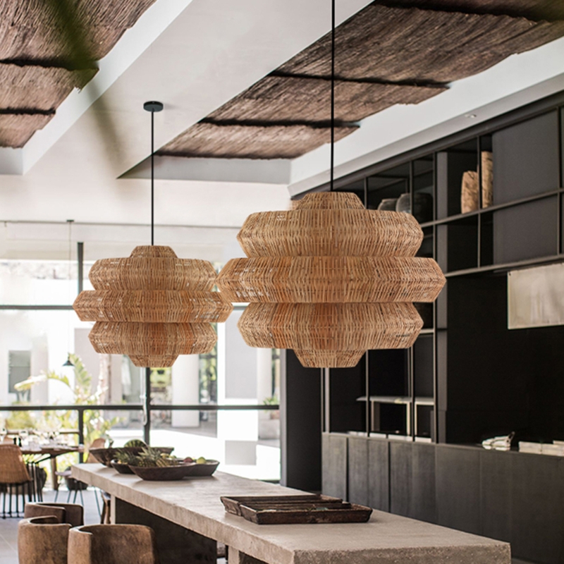 Oversized Rattan Pendant Light Undulating Silhouette Wabi-Sabi Style