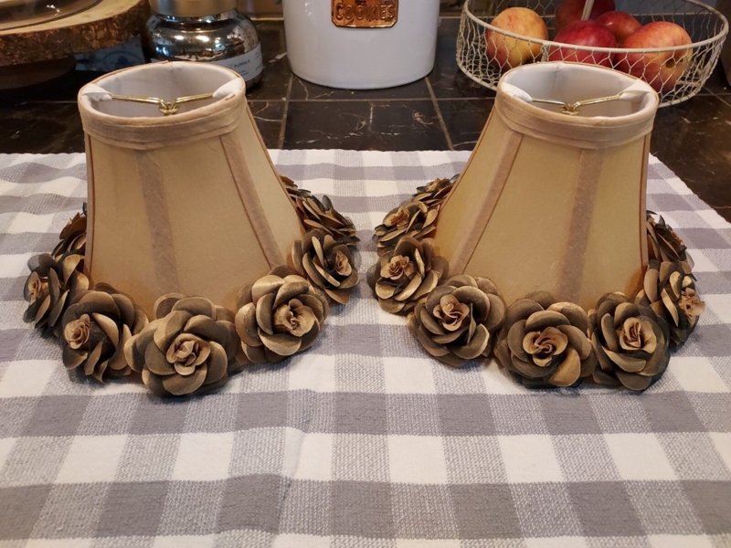 Pair of Clip On Lamp Shades Pink Rose Floral with Beaded Fringe