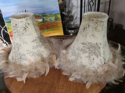 Pair of Lamp Shades Tan Brown Toile with Feathered Trim