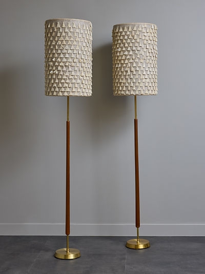 Pair of Scandinavian Wood and Brass Floor Lamps