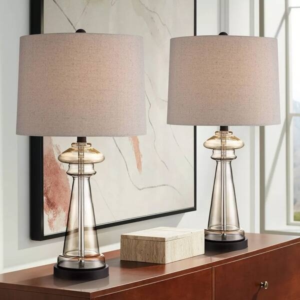 Pair of Table Lamps Champagne Seeded Glass Gourd Base Bronze