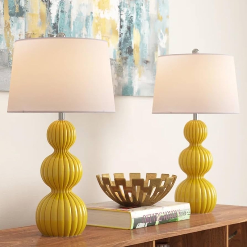 Pair of Table Lamps, Triple Gourd Ceramic, Yellow Modern Bedside Lamps.