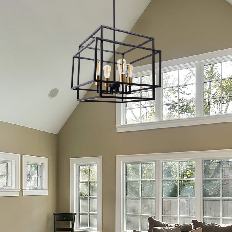 Pendant Chandelier: Black Adjustable Open Box Frame Lighting