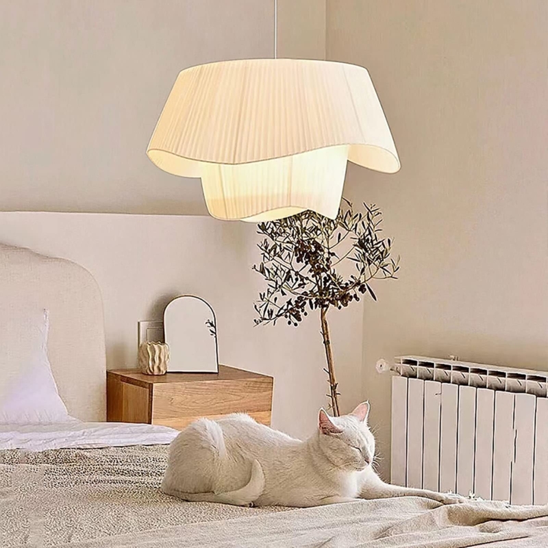 Pendant Lamp Oversized Fabric Drum Shade Beige Minimalist Bedroom Lighting