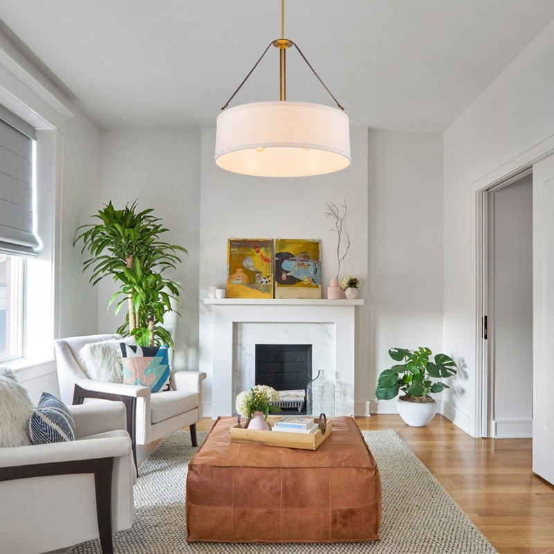 Pendant Light: 4-Light Drum with Brushed Brass Finish
