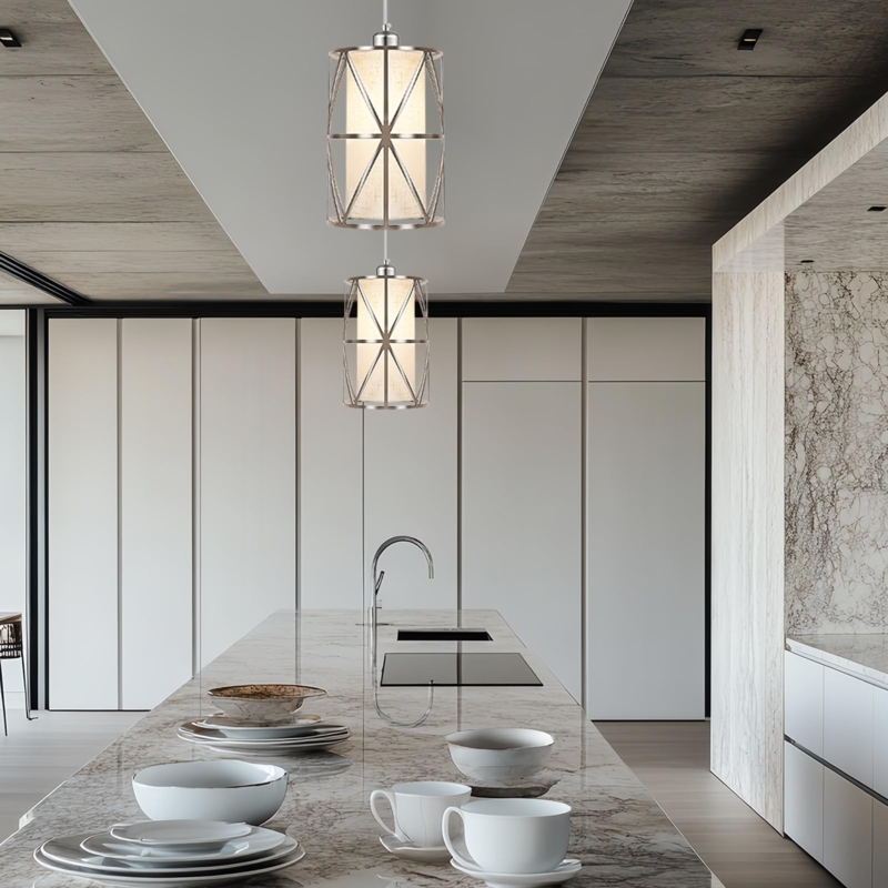 Pendant Light Adjustable Brushed Nickel Linen Drum Shade Fixture