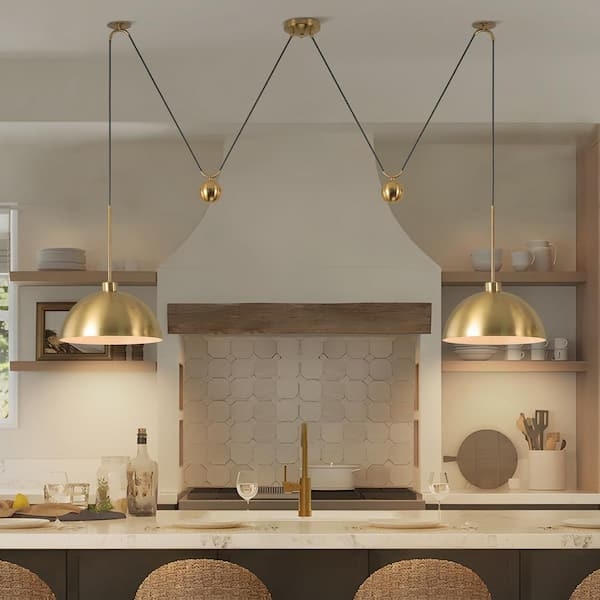 Pendant Light Adjustable Downrod Shallow Dome Gold Metal Dual Lights