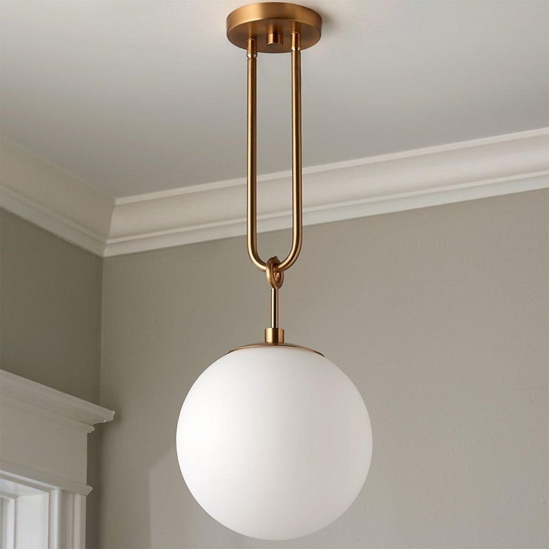 Pendant Light Aged Brass Stem Milk Glass Sphere Fixed Drop