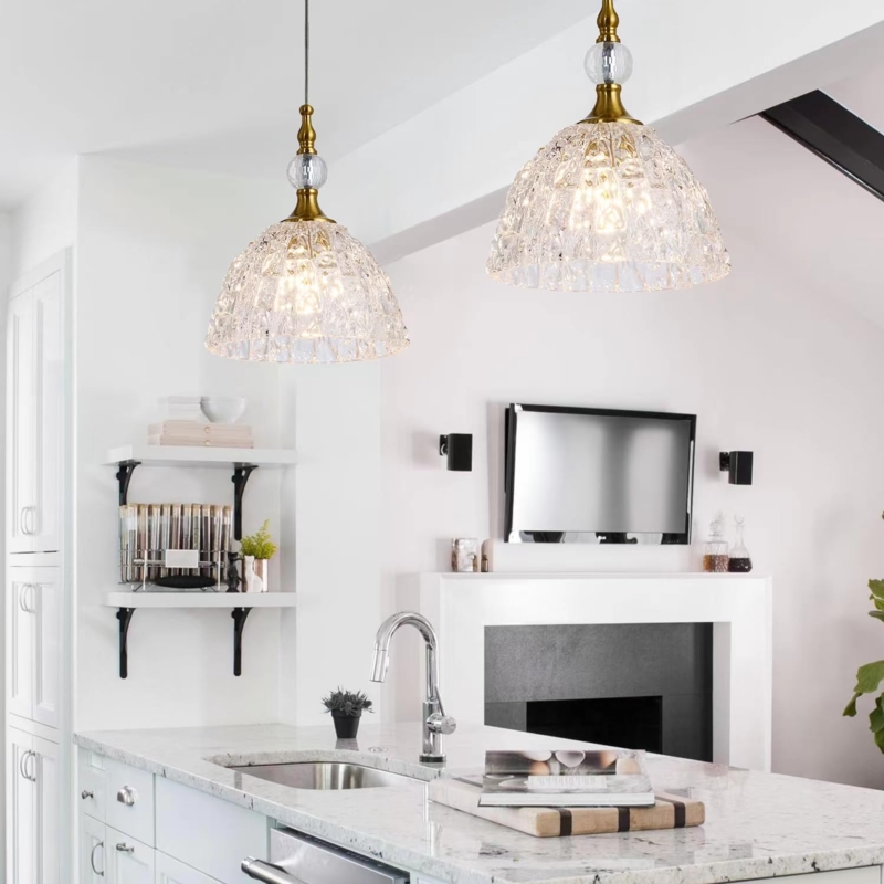 Pendant Light, Amber Glass Dome with Internal Crystal Ball