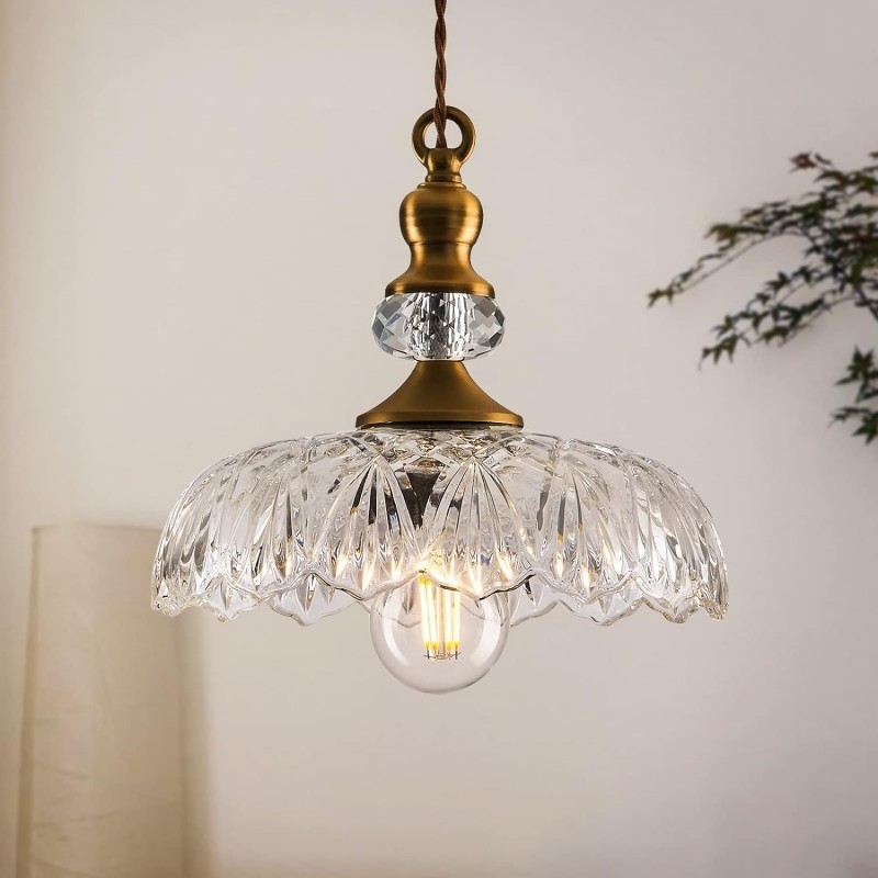 Pendant Light Antique Brass Flower Shape Layered Glass Petals