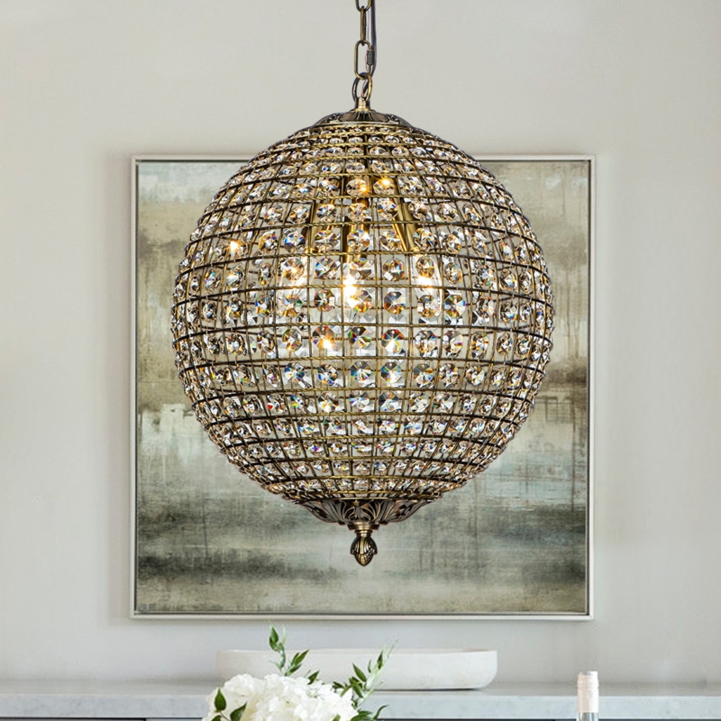 Pendant Light Antique Gold Crystal Encrusted Bands French Style
