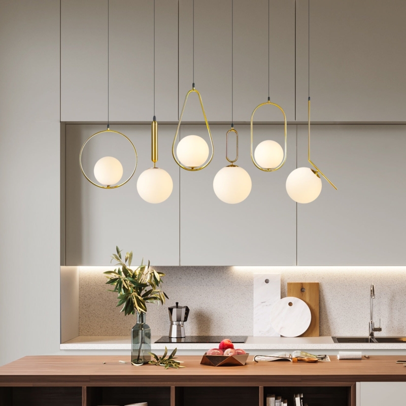 Pendant Light: Asymmetric Staggered Opal Glass Globes. Matte White Sphere Lamp.