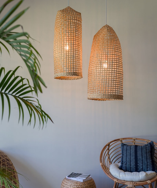 Pendant Light Bamboo Hand Woven Organic Bell Silhouette Boho Plug-In