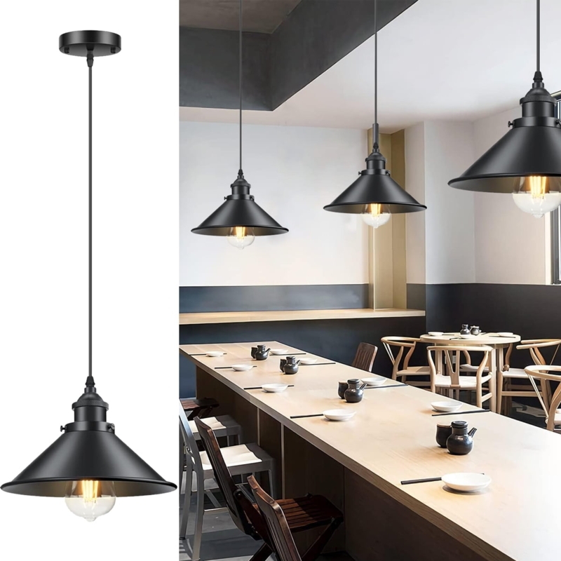 Pendant Light Barn Style Shade Matte Black Exposed Edison Bulb Trio