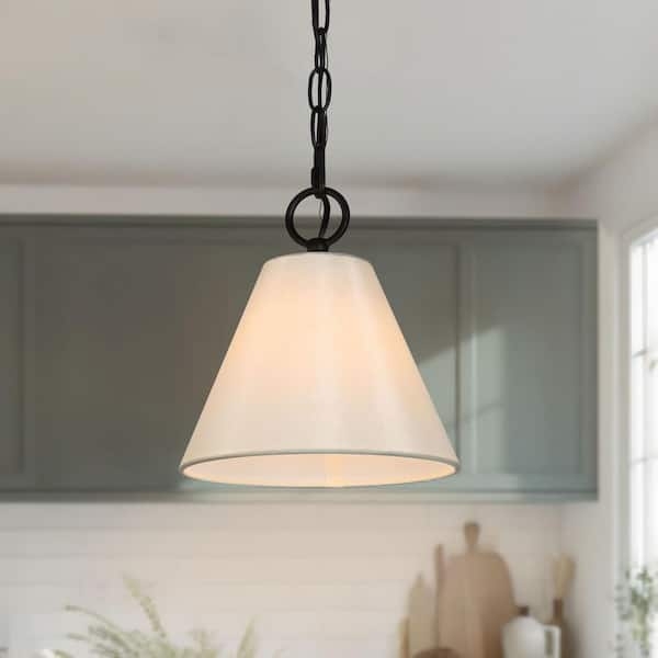 Pendant Light Beige Fabric Bell Shade Matte Black Downrod Farmhouse