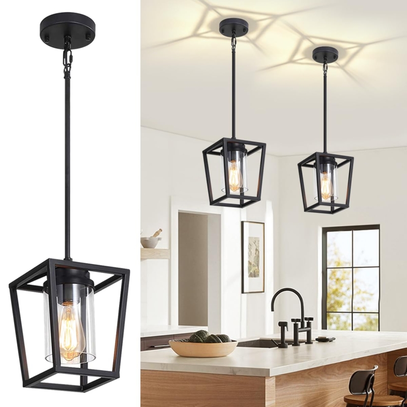 Pendant Light Bell Shade Matte Black Metal Clear Glass Edison Bulb