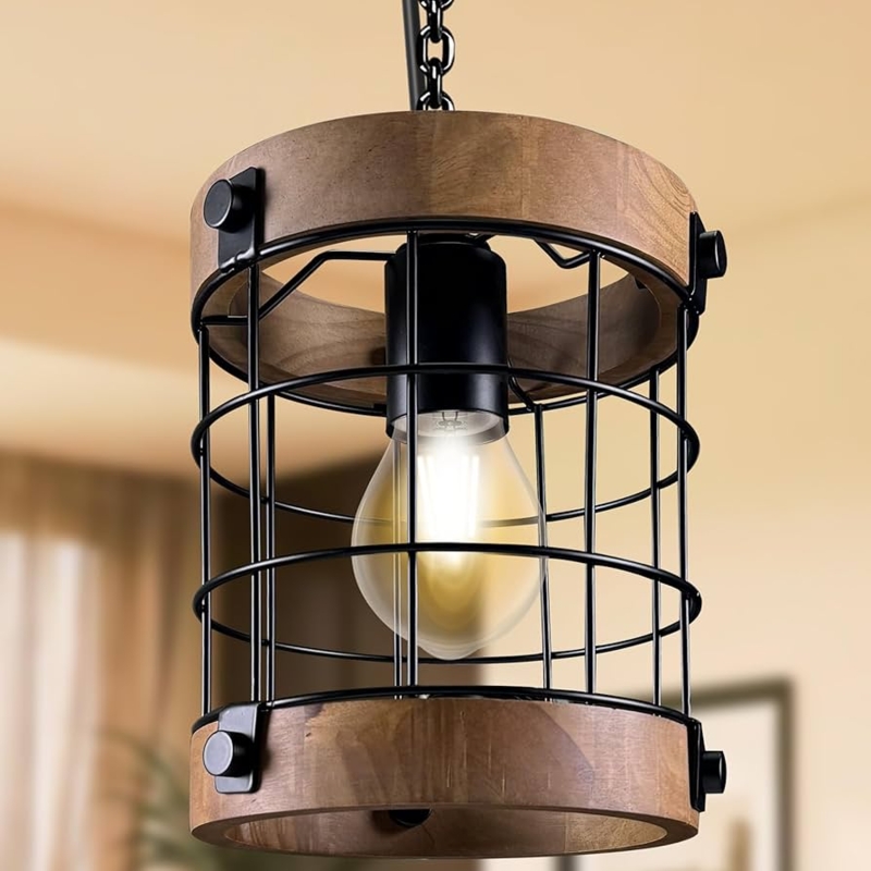 Pendant Light Bell Shade Matte Black with Unique Wood Accent Neck