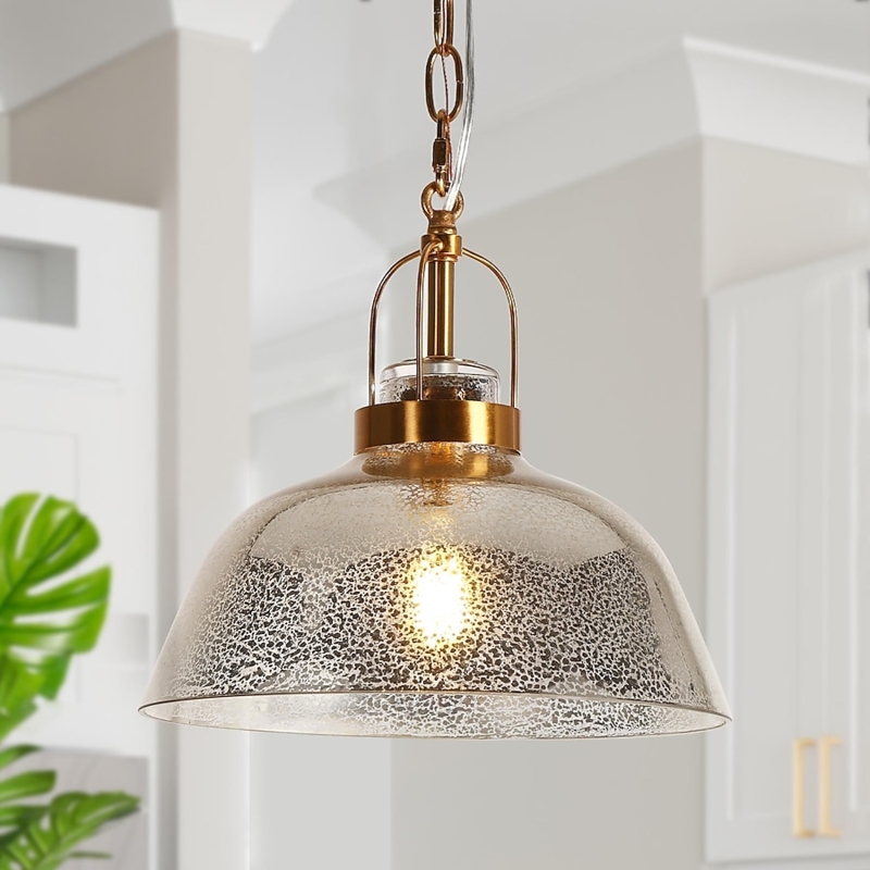 Pendant Light Bell Shape Mottled Glass Polished Gold Accent Glam