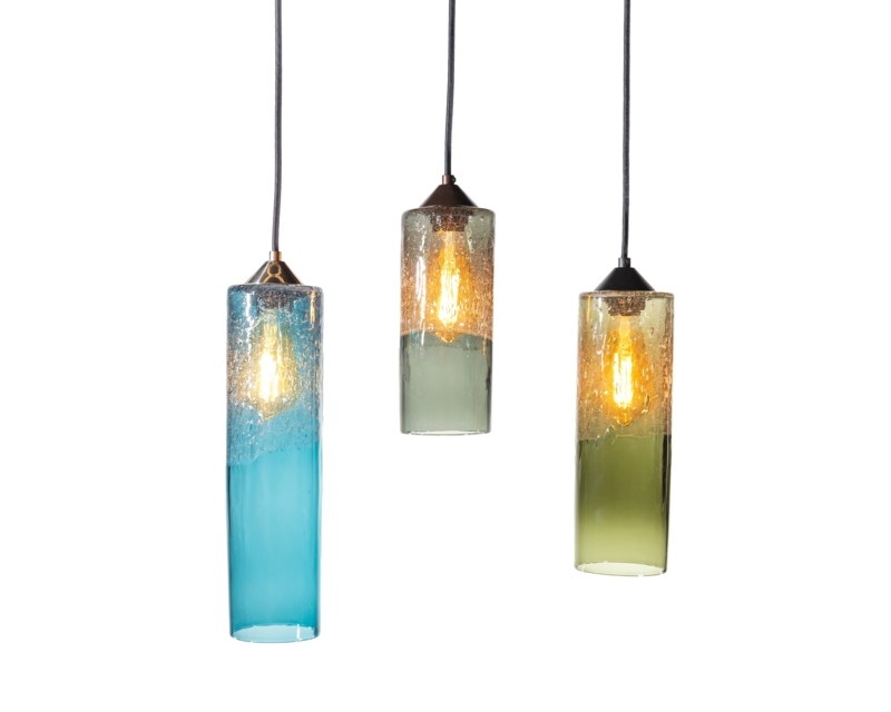 Pendant Light, Bi-Tonal Clear and Seeded Grey-Blue Glass Cylinder