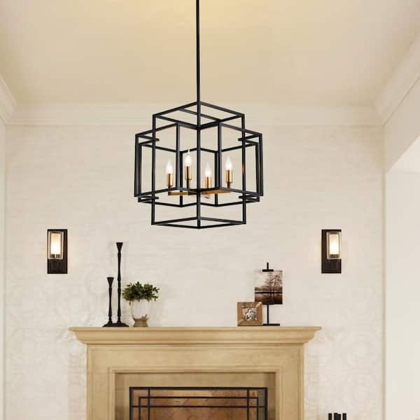 Pendant Light, Black and Gold Open Cage, 4-Light Kitchen Island Fixture