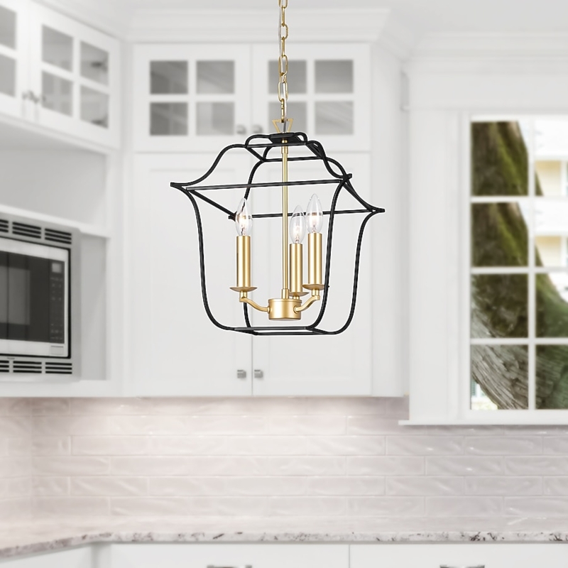 Pendant Light Black Circular Frame Satin Gold Accents Modern Tudor