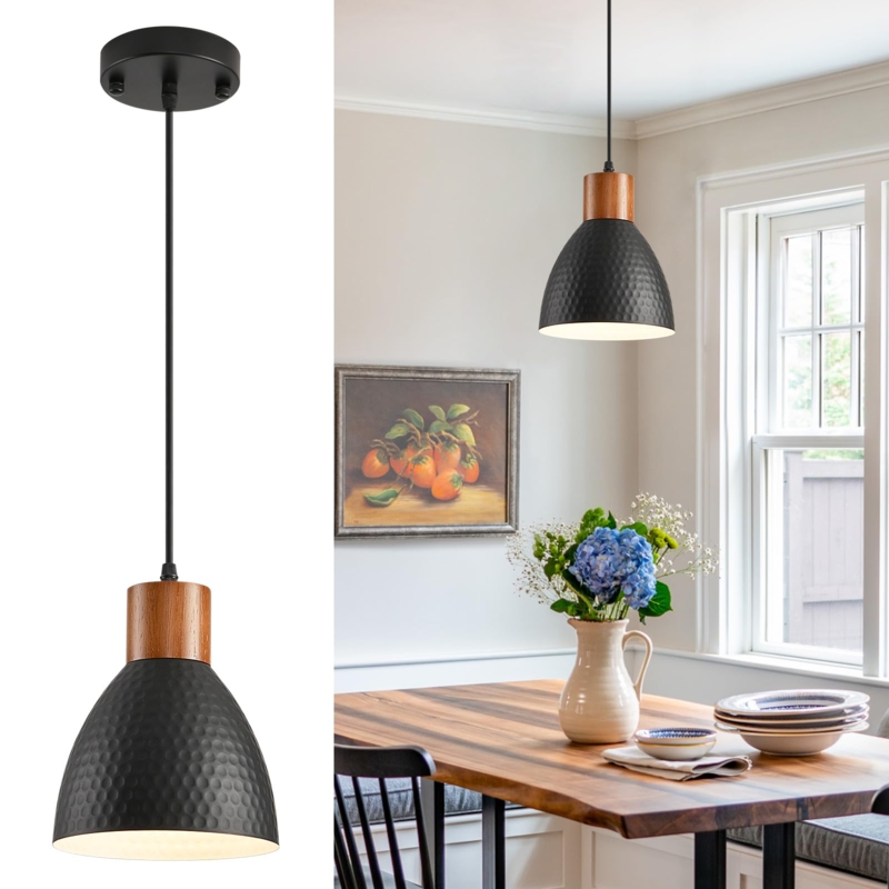 Pendant Light Black Dome Hammered Metal Rim Wood Top Accent Industrial