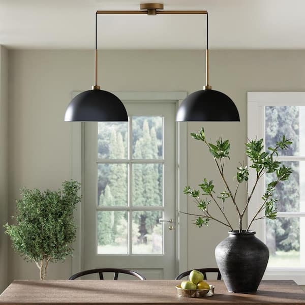 Pendant Light Black Dome Shades Vintage Brass Hardware Linear Bar