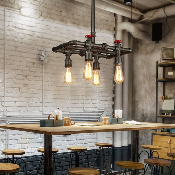 Pendant Light Black Pipe Frame Red Valve Handles Four Edison Bulbs