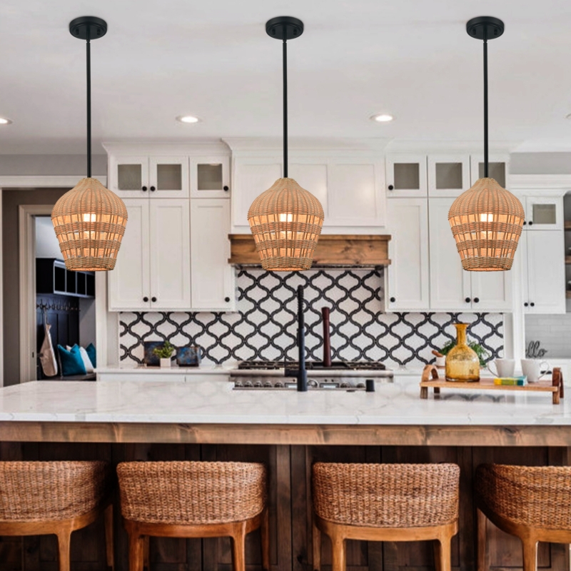 Pendant Light Black Rattan Dome with Open Weave for Bedroom