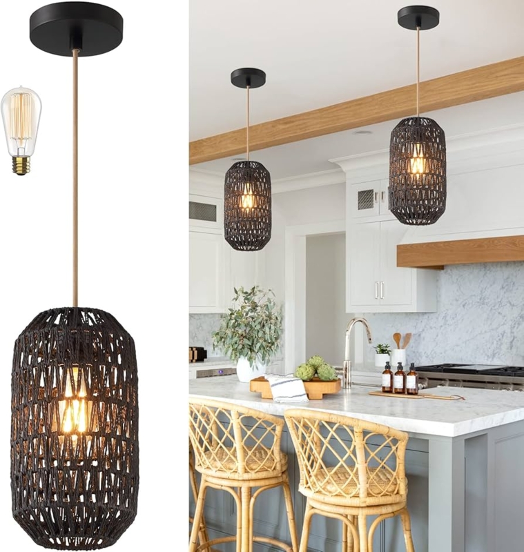 Pendant Light Black Woven Rattan Basket with Golden Cord Farmhouse