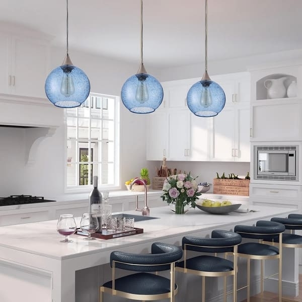 Pendant Light Blue Seeded Glass Teardrop Brushed Metal Coastal Modern