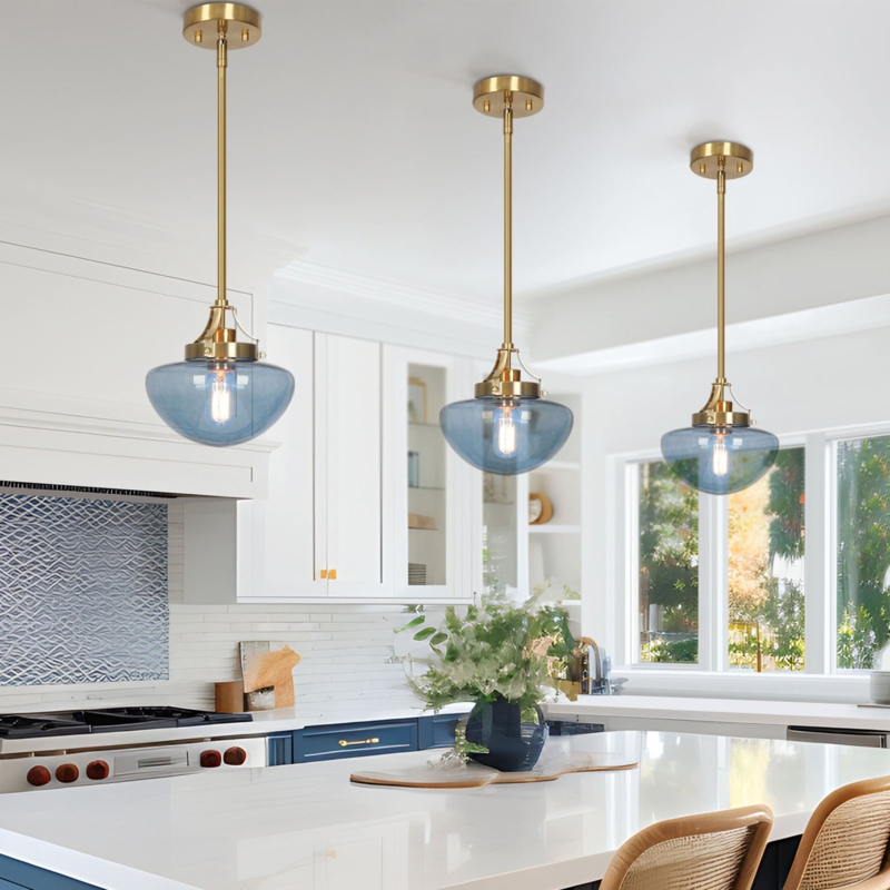 Pendant Light Blue Tinted Glass Bowl Shade Gold Hardware Contemporary