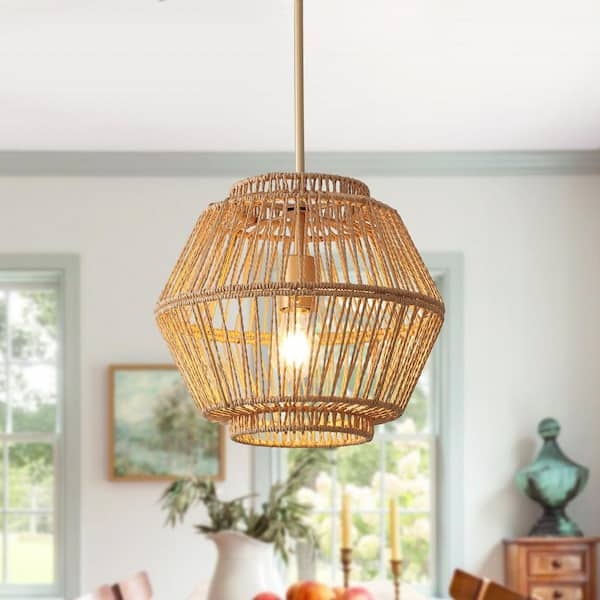 Pendant Light Bohemian Natural Rattan Woven Globe Shade Brass