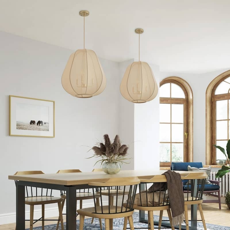 Pendant Light: Boho Tiered Ruffled Beige Fabric Fixture