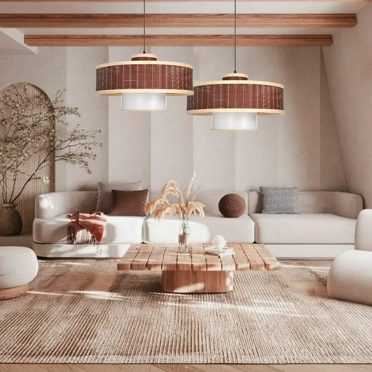 Pendant Light: Boho Woven Rattan Base & Linen Shade