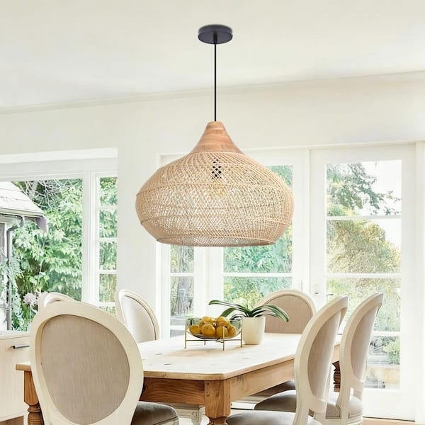 Pendant Light: Boho Woven Rattan Pear Shape with Wood Accent