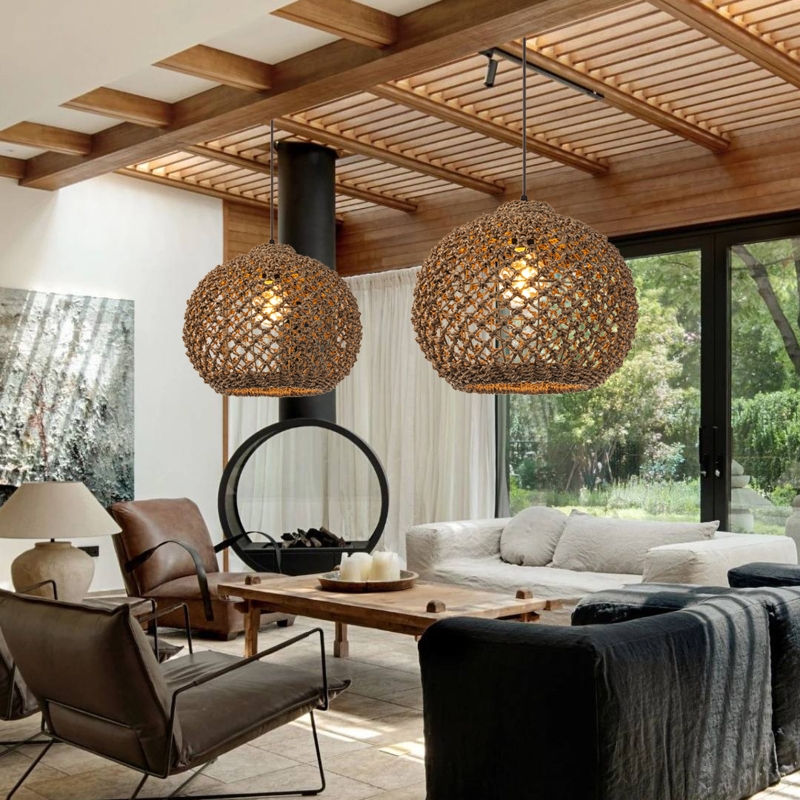 Pendant Light Braided Rattan Open Weave Dome for Coastal Farmhouse