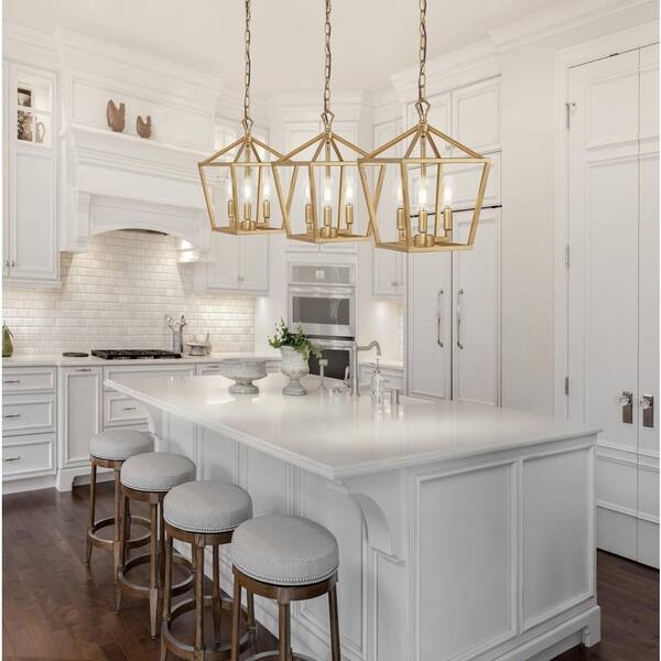 Pendant Light Brass Gold Geometric Lantern Three Light Cluster
