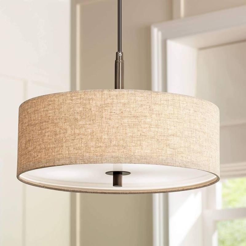Pendant Light Bronze Open Work Cage Cream Fabric Drum Shade