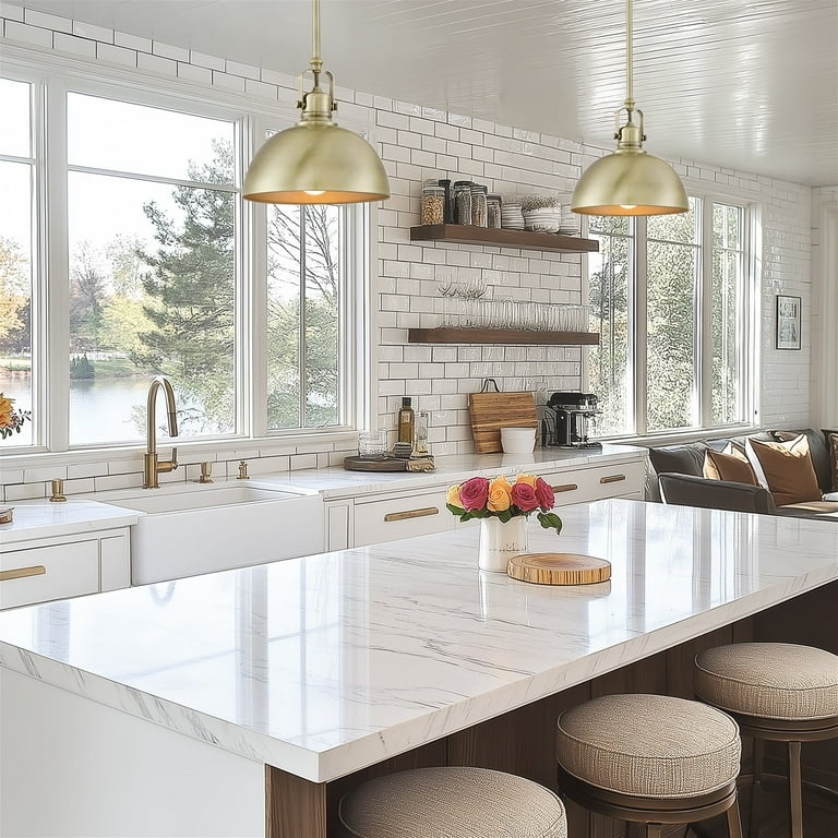 Pendant Light Brushed Brass Domed Shade Adjustable Stem Swivel Joint