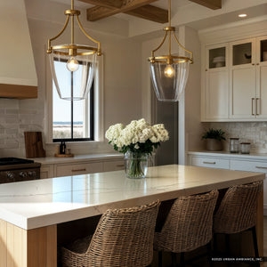 Pendant Light: Brushed Bronze Lantern Cage with Seeded Glass Shade