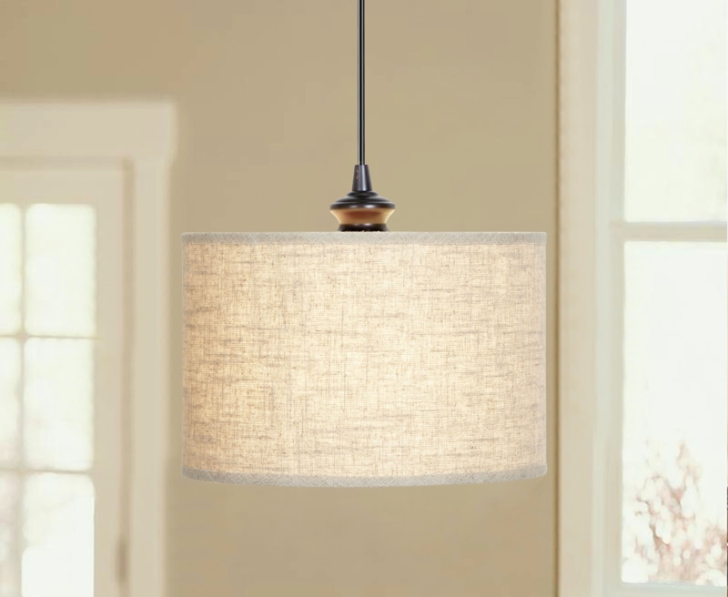 Pendant Light: Brushed Bronze & Off-White Linen Drum