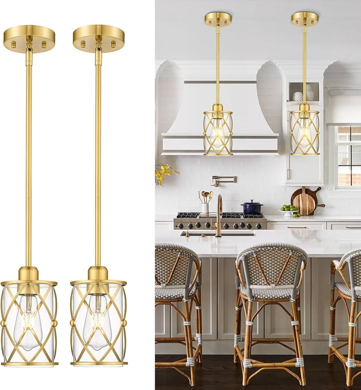 Pendant Light: Brushed Gold Cage Design, Cylindrical Shade