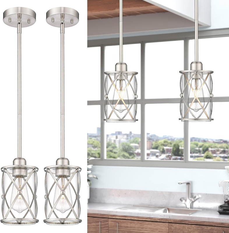 Pendant Light Brushed Nickel Finish Clear Cloche Shade Exposed Bulb
