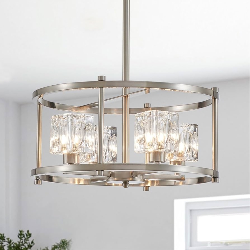 Pendant Light Brushed Nickel Frame White Glass Drum Transitional