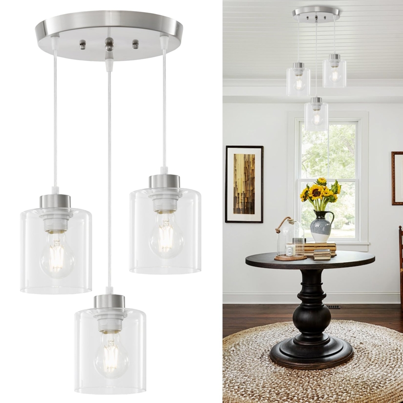 Pendant Light Brushed Nickel Linear 3-Light Clear Glass Island Fixture