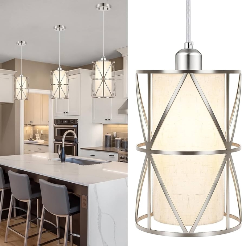 Pendant Light Brushed Nickel Linen Drum Shade Adjustable Height