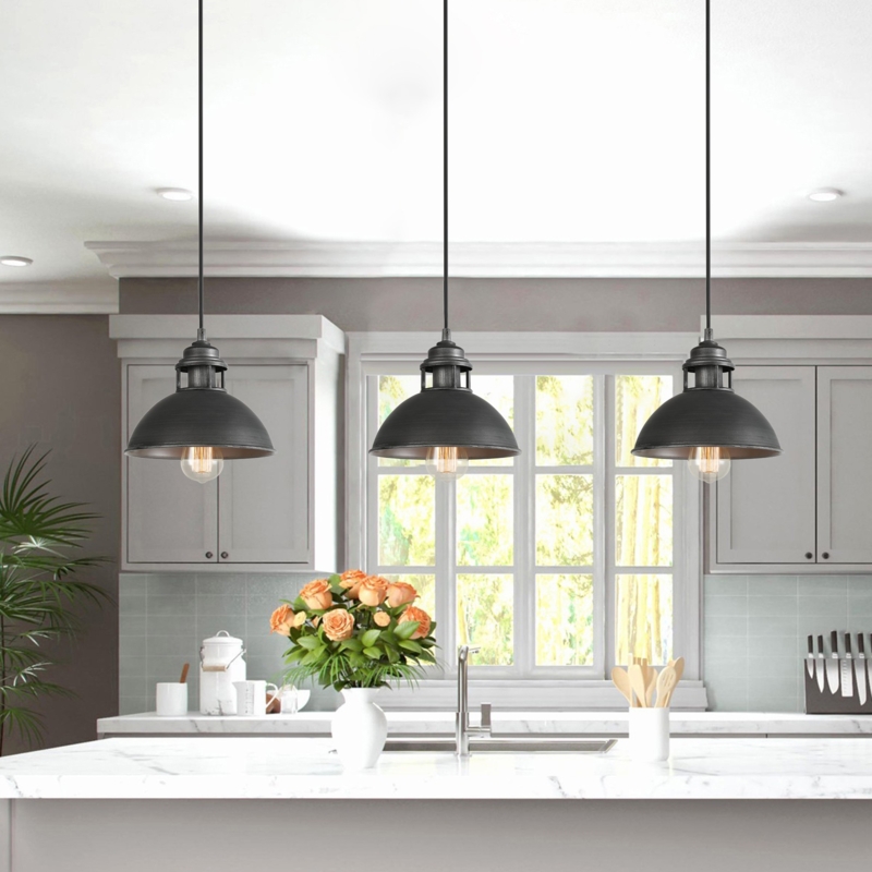 Pendant Light Brushed Silver Dome Knurled Hardware Accents Farmhouse
