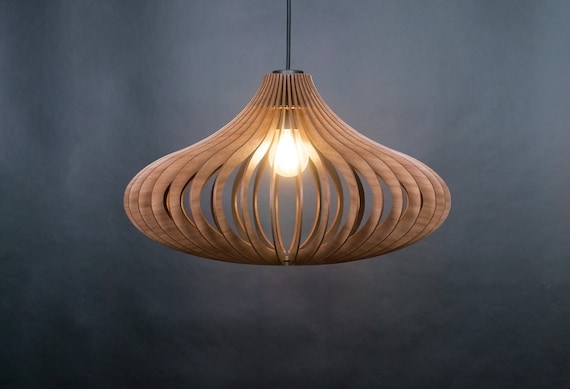 Pendant Light Bulbous Slatted Wood Shade Exposed Bulb Scandinavian