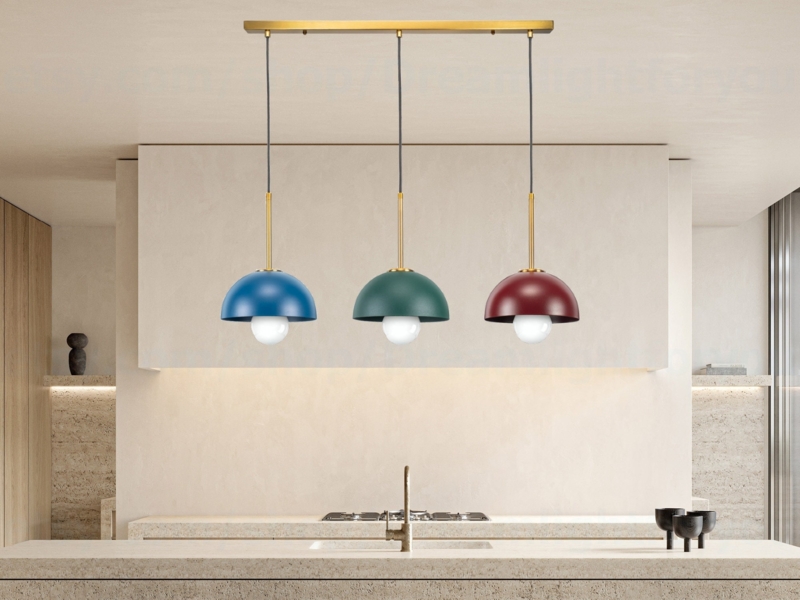 Pendant Light, Burgundy Finish, Wooden Support Bar, Burgundy Kitchen Island Lighting